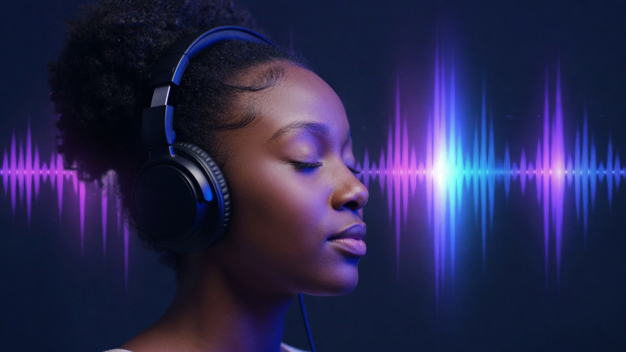 A person listening on headphones in violet and blue light
